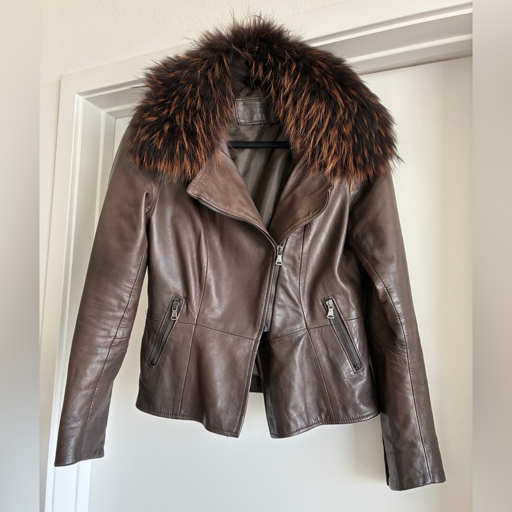 Italian Brown Leather Jacket with Genuine Fox Fur Collar